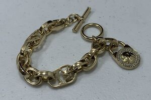 Michael Kors MK Padlock Charm Bracelet Chunky Gold Tone Rhinestones Logo Toggle